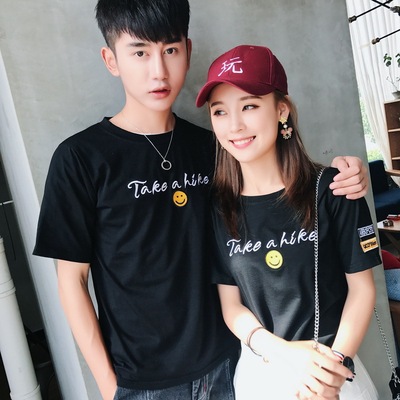 夏季情侣装短袖t恤女韩版时尚笑脸刺绣半袖上衣班服