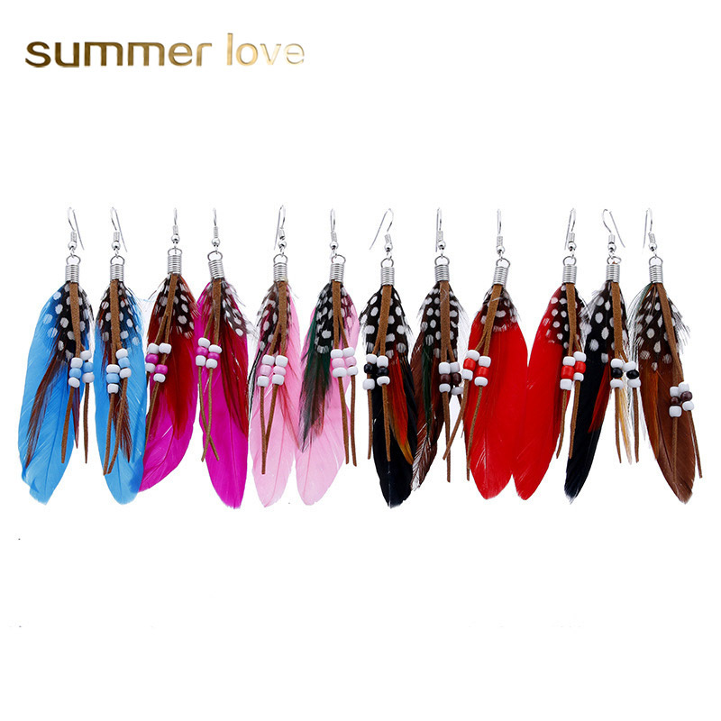 AliExpress Foreign Trade Ornament Wholesale Long Bohemian Earrings Tassel Bead Feather Earrings in Stock