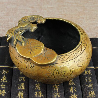 清仓古玩铜器古董杂项收藏仿古工艺品商务风水摆件双鱼圆形笔洗