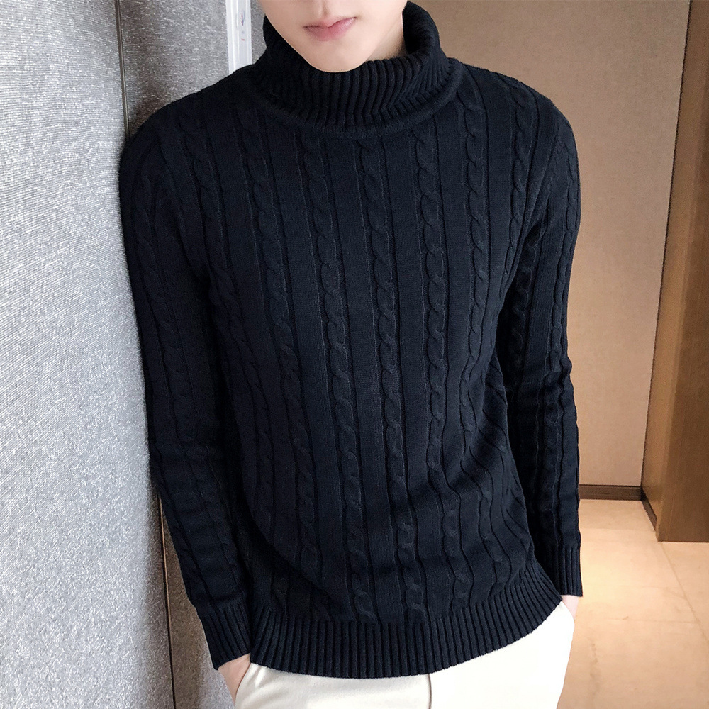 秋冬季麻花男高领毛衣青年潮流纯棉长袖打底衫男士纯色针织衫加厚