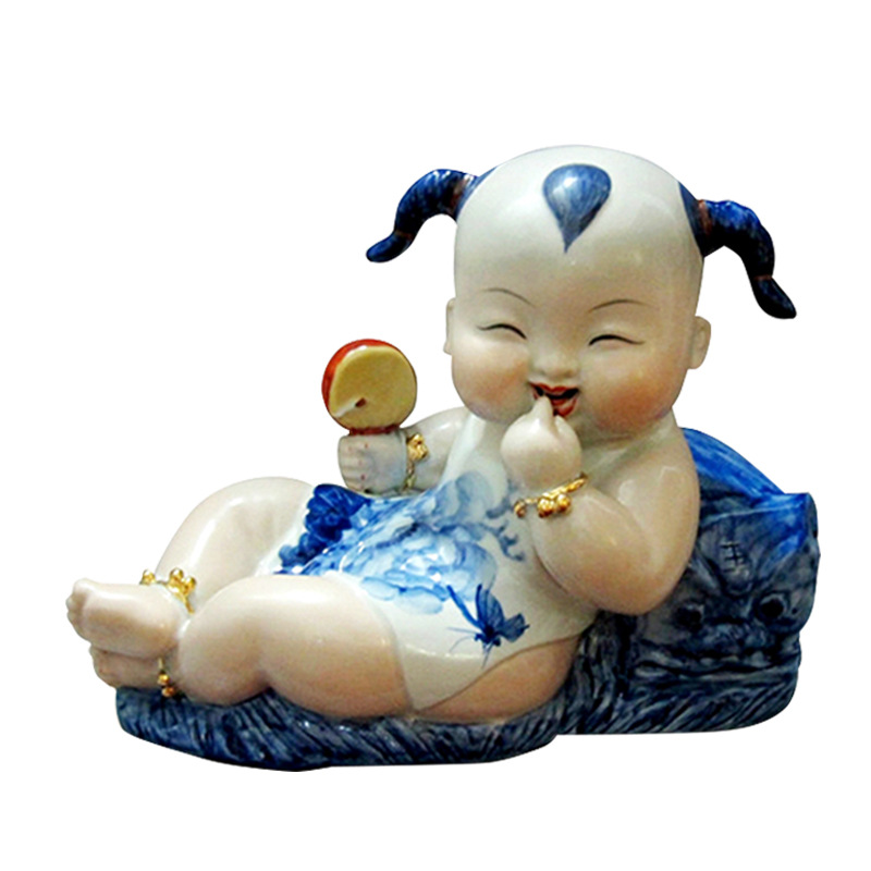 景德镇陶瓷新中式青花可爱娃娃雕塑瓷家居结婚送礼饰品摆件可定制