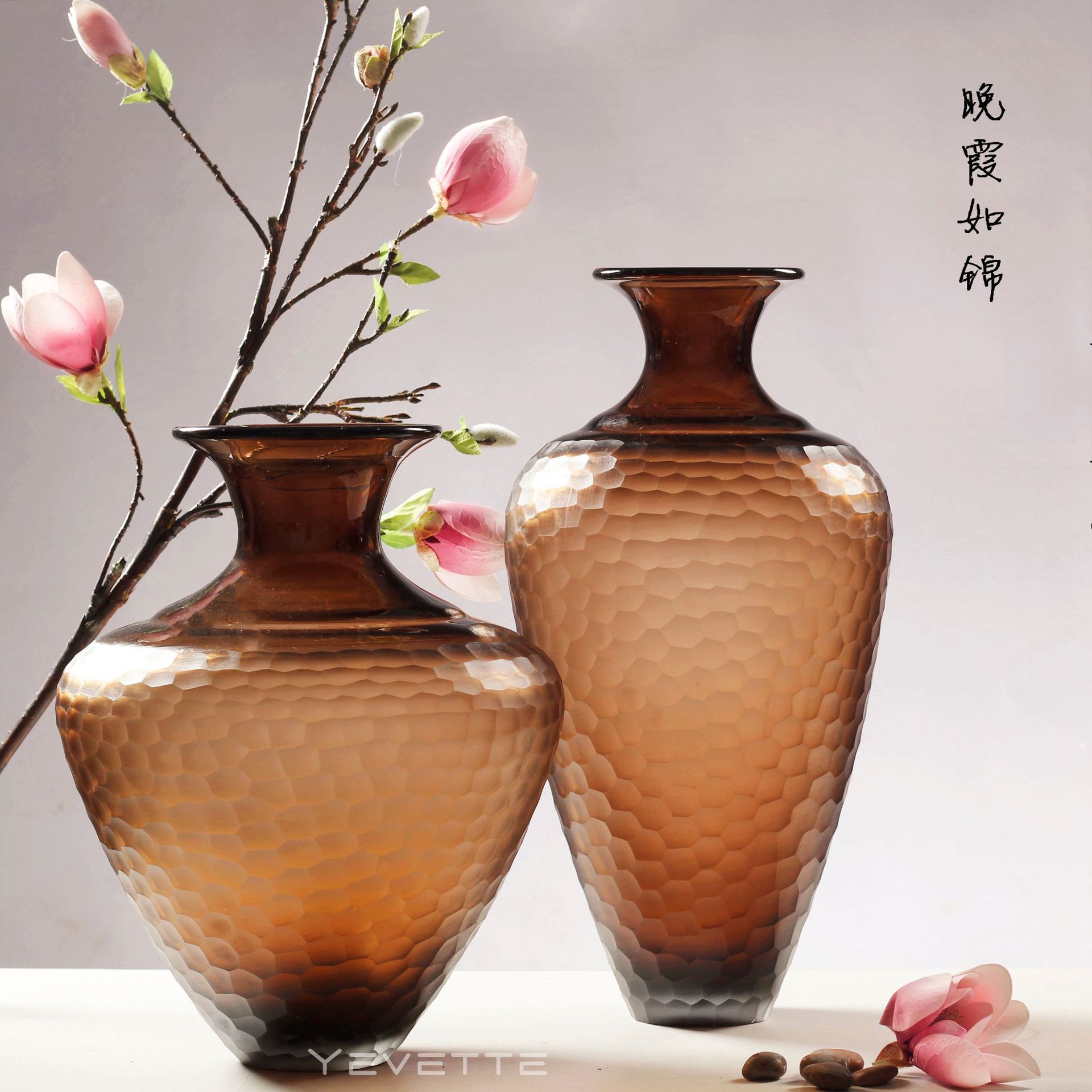 中式古典彩色玻璃花瓶蜂窝刻磨玻璃工艺品室内软装花瓶摆件批发