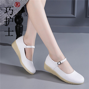 巧护士 白色秋新款一字扣坡跟真牛皮单女浅口软底真皮妈妈护士鞋