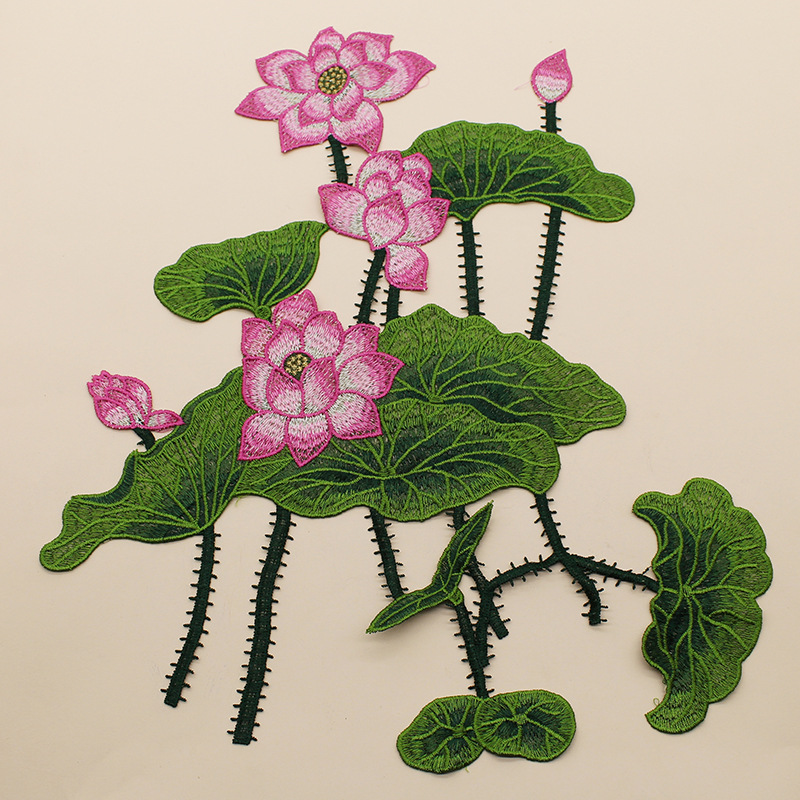 厂家直销水溶电脑绣花 精美荷花刺绣布贴 diy服装装饰贴布绣辅料