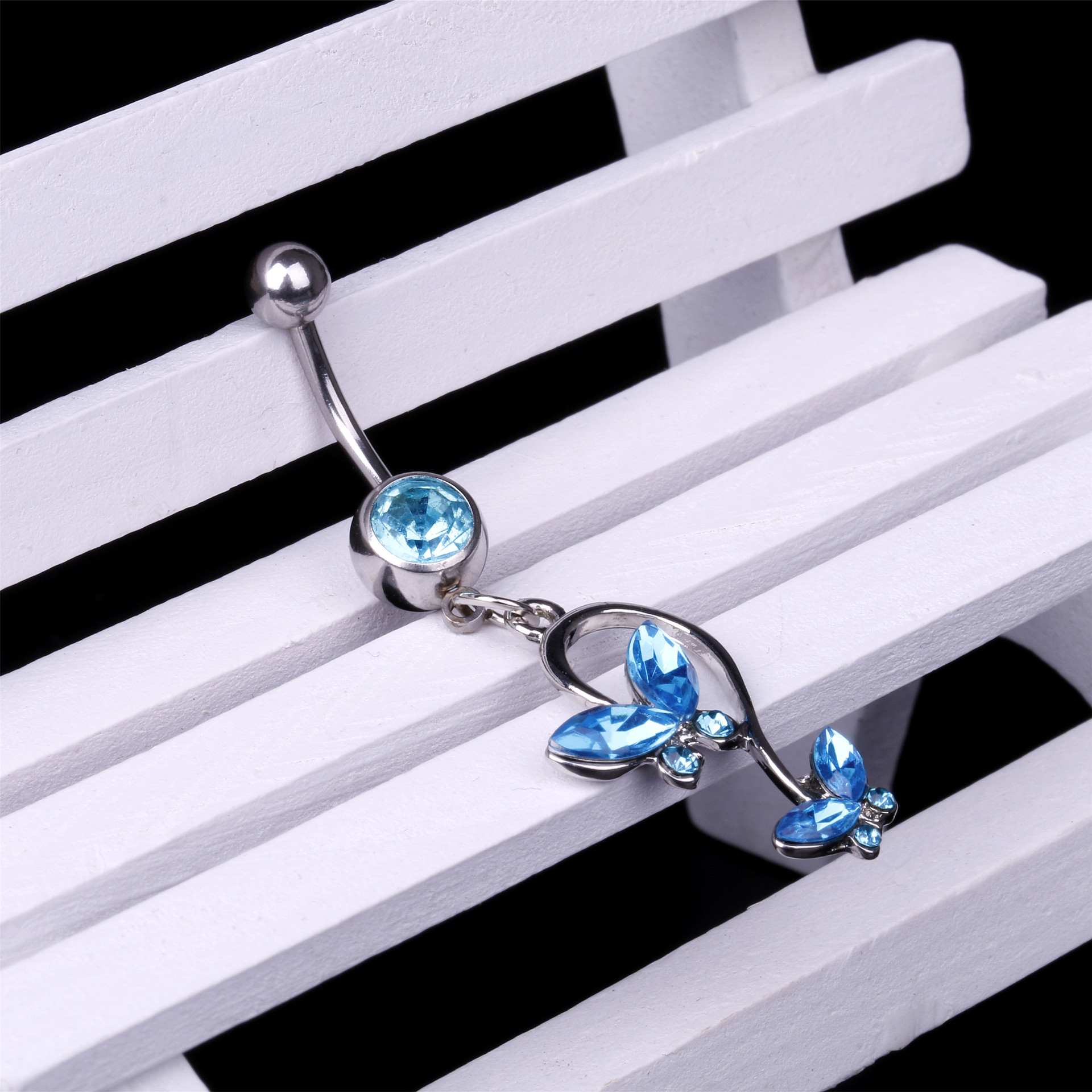 镶钻水晶蝴蝶肚脐环人体穿刺饰品吊坠挂坠合金不锈钢梁祝肚脐钉