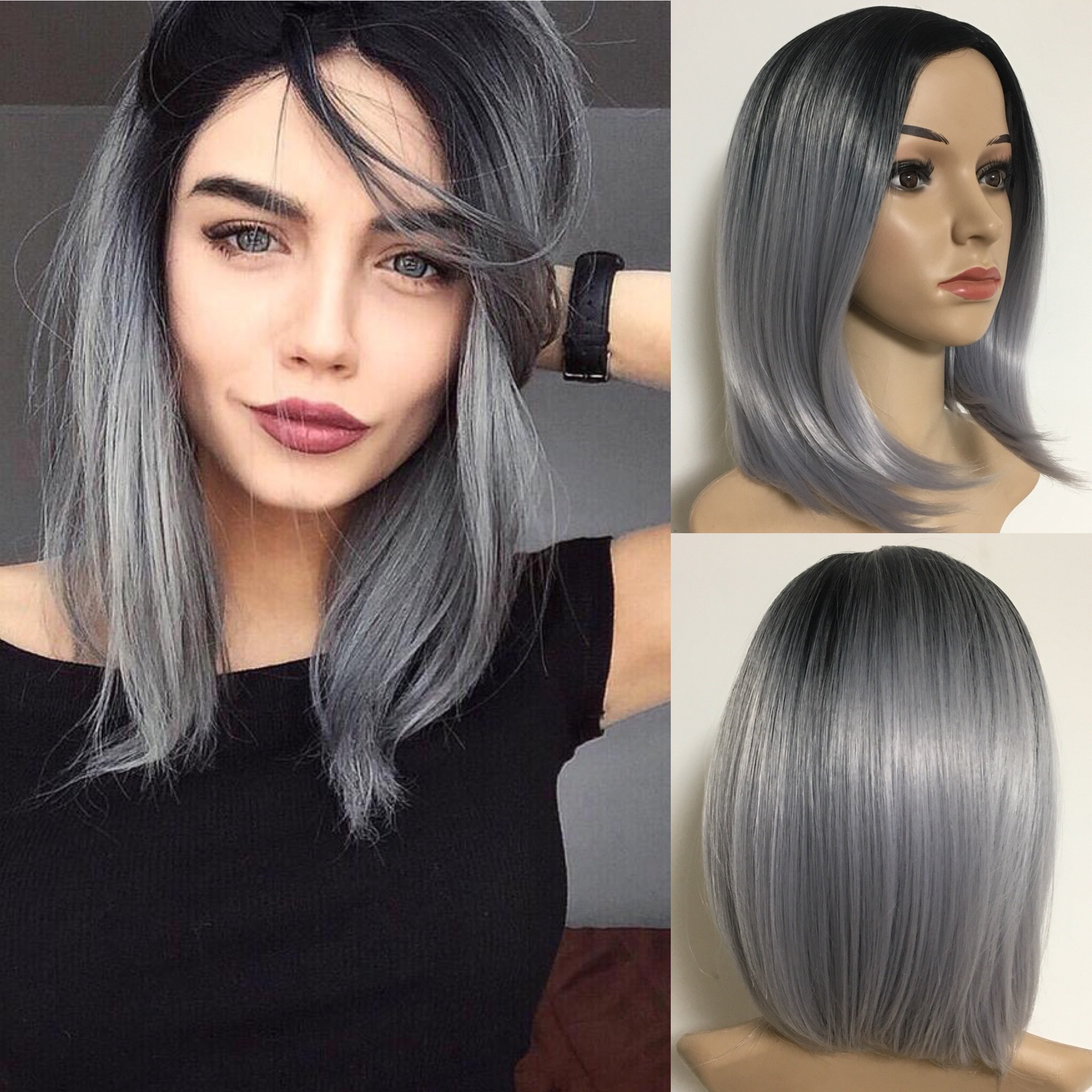 假发头套黑渐变银灰波波头短发假发现货批发 染色一件代发