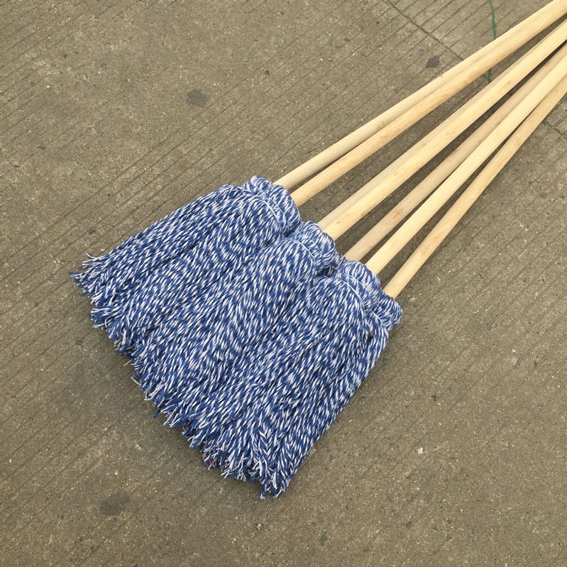 木柄加长木杆棉线拖把圆头吸水拖把蓝白线绳老式拖把