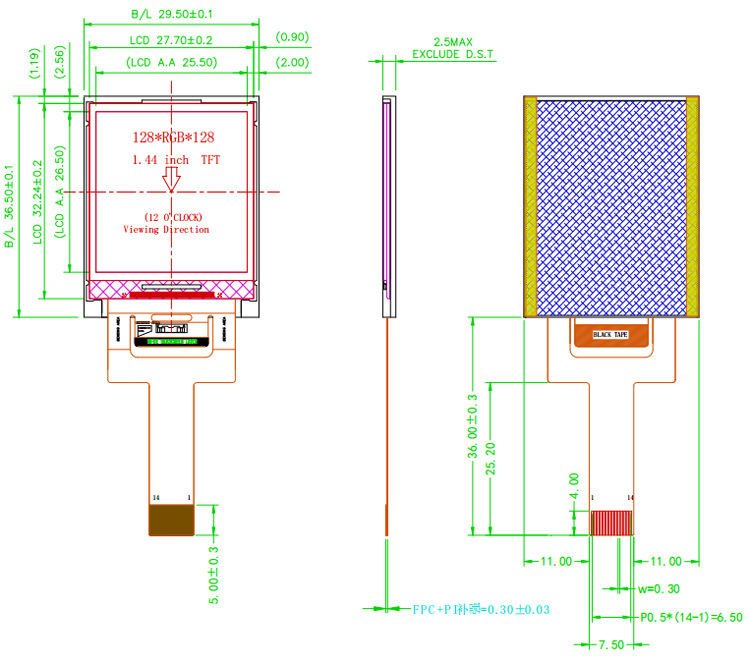 5寸tftlcd spi串口 14pin 128*128