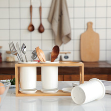 外贸创意日式陶瓷筷子筒三连竹架沥水筷笼厨房家用多功能三筒筷子