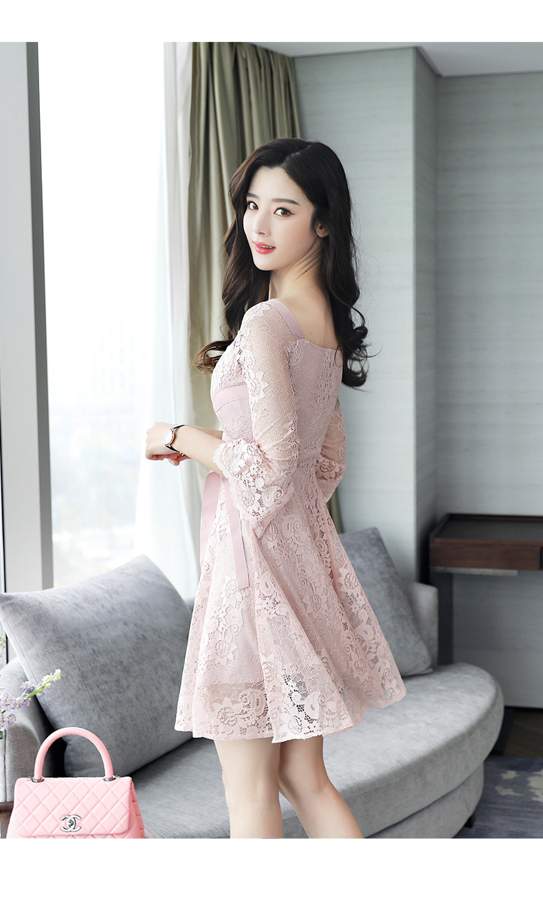 2018春夏新款名媛小香风蕾丝连衣裙 修身显瘦大摆裙女潮
