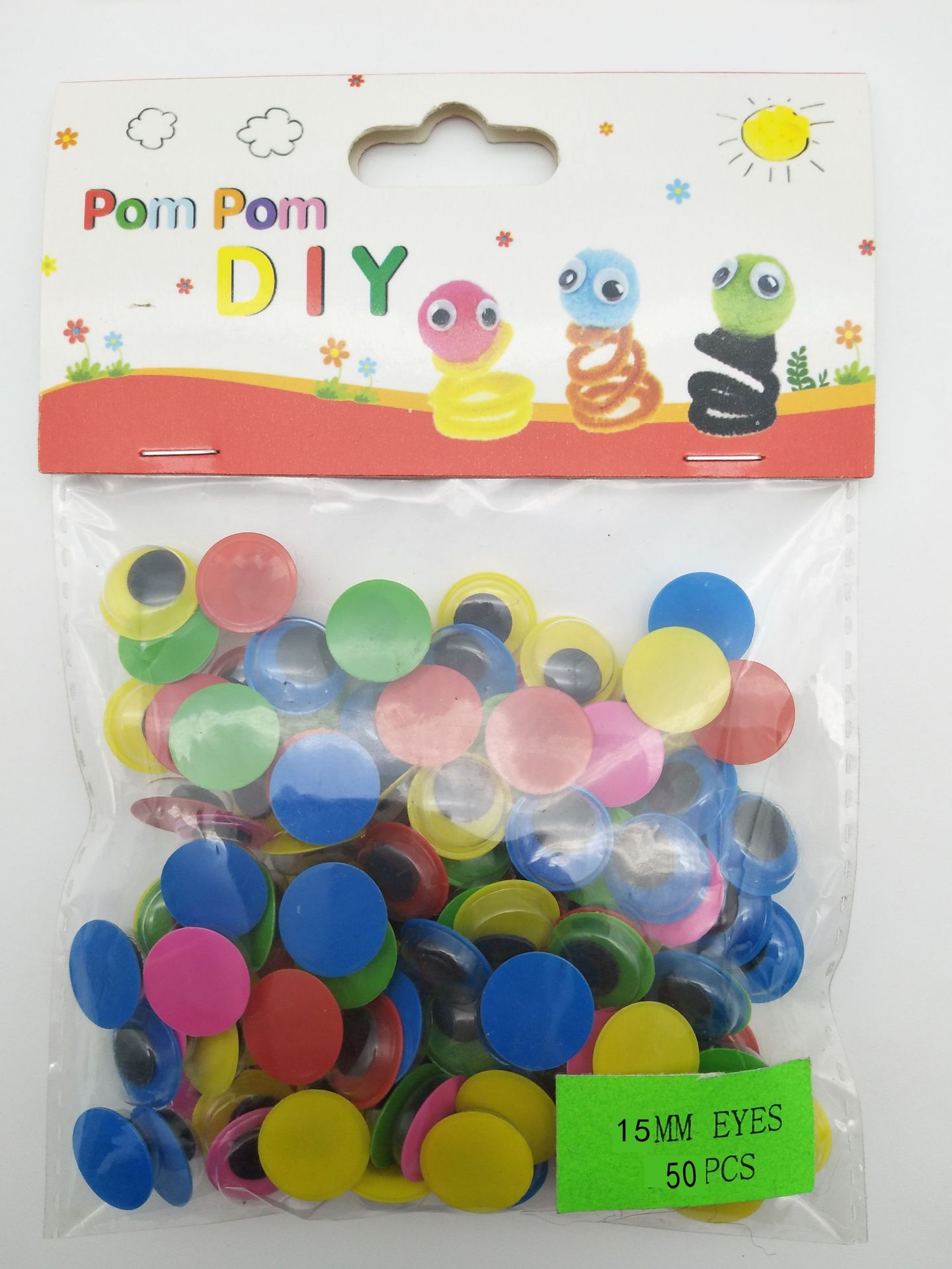 15mm Color Bottom Plastic Moving Eyes, 50 with Chuck, Small Package