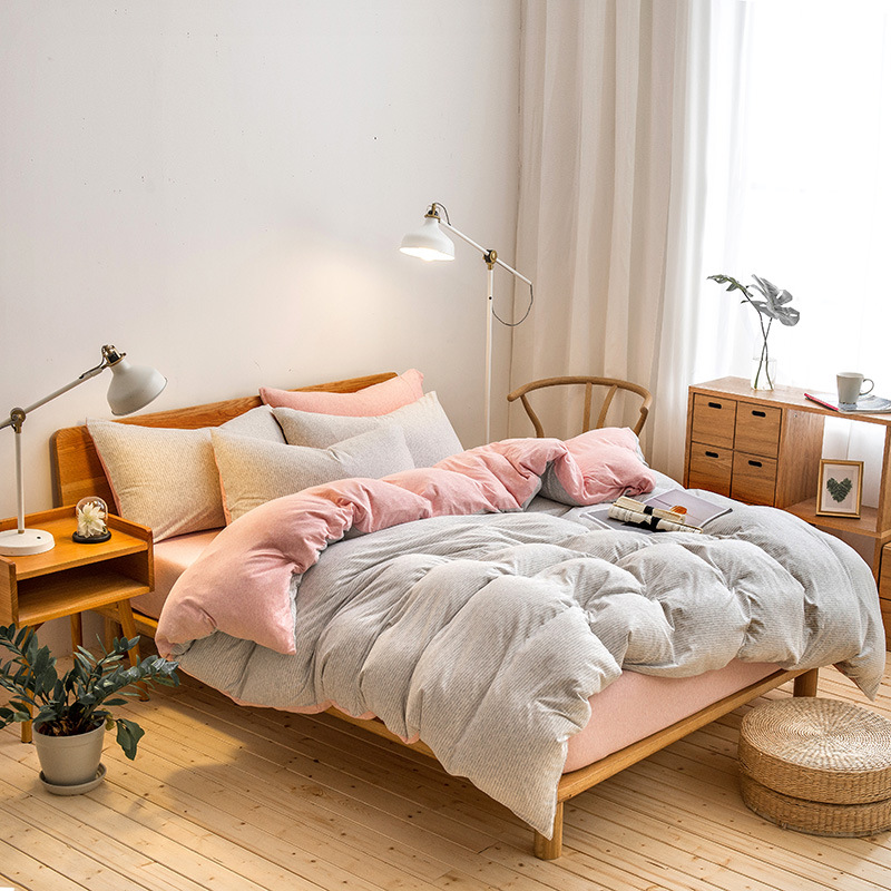 Non-Printed Yarn-Dyed Full Cotton Tianzhu Cotton Striped Four-Piece Japanese-Style Knitted Cotton Cotton Simple Bedding