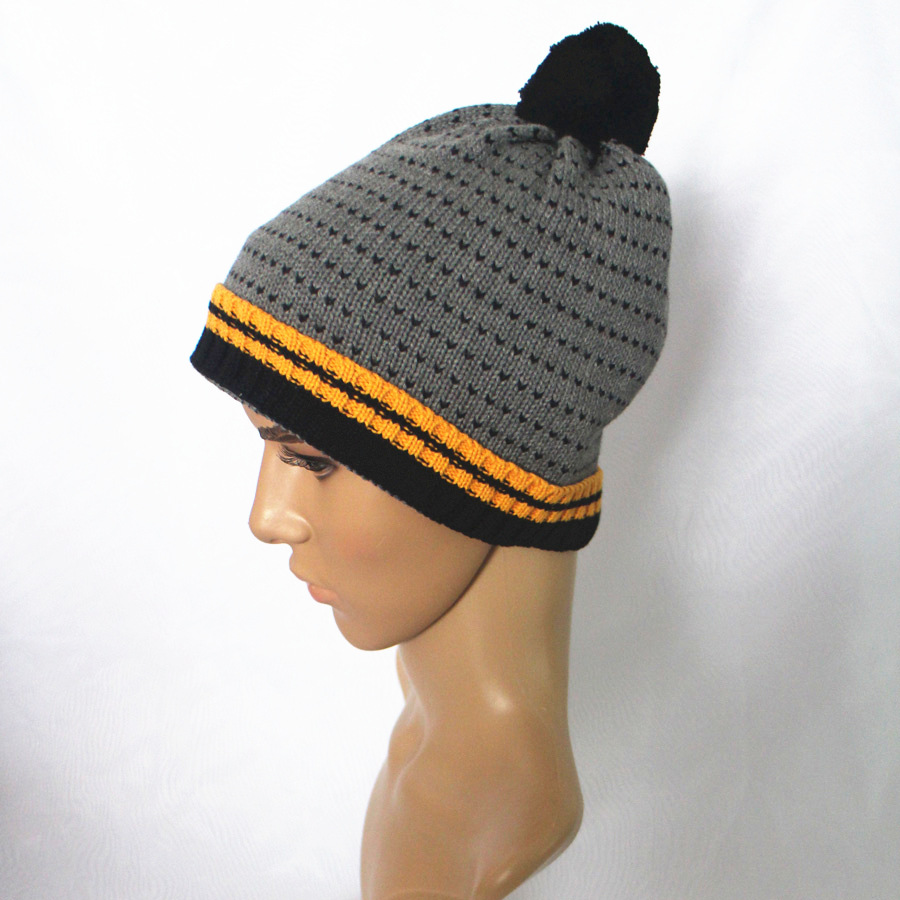 男士腈纶摇粒绒里衬条纹翻边球球针织帽简约冬季保暖帽子