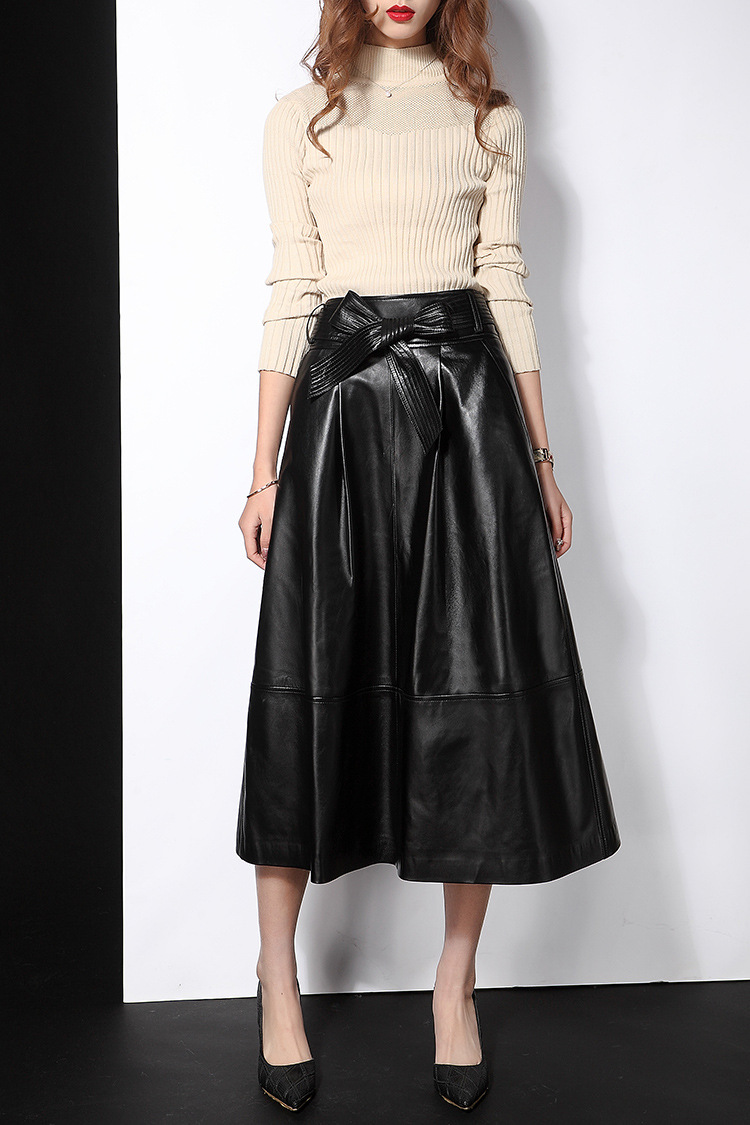 tf秋冬复古高腰大摆蝴蝶结腰带长款伞裙纯皮真羊皮半身裙店主推荐