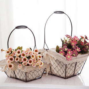 铁丝手提花篮铁艺干花鲜花花器编织花篮花艺插花器盆栽绿植花盆