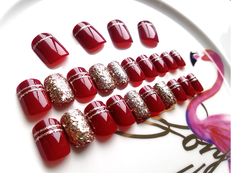 假指甲网红穿戴甲 ins酒红色晕染美甲指甲贴片甲贴