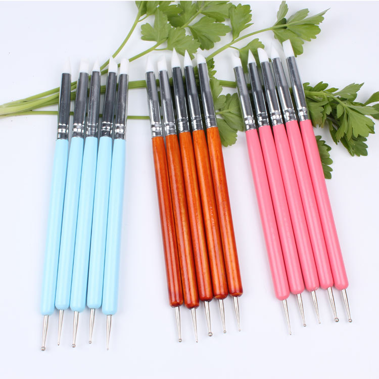SOURCE Factory Double-Headed Silicone Pen Silicone Nail Brush 5 PCs Shaper Polymer Clay Manicure Spot Drill Tools
