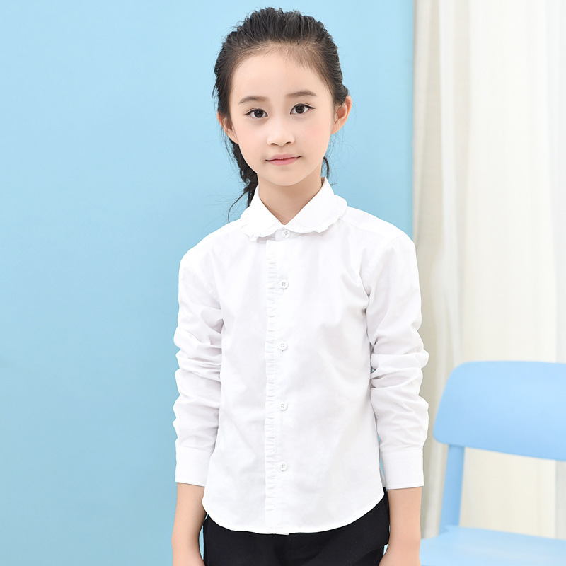 儿童衬衫白色长袖纯棉花边圆领春秋百搭中大童小学生校服女童衬衣