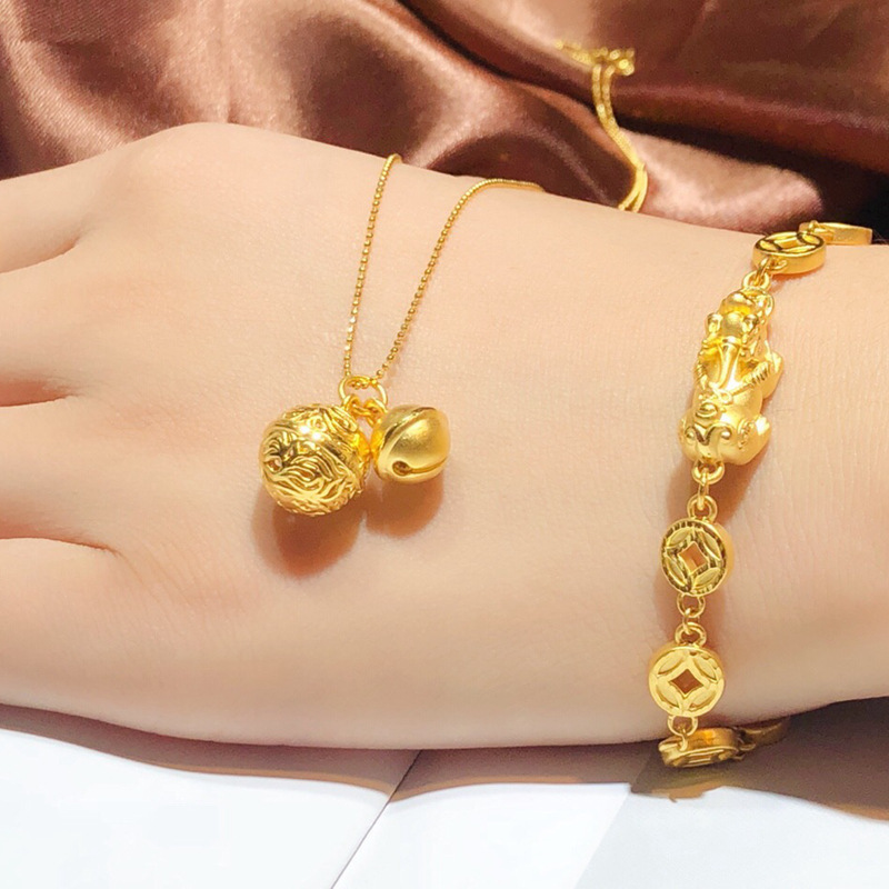 黄金足金999铃铛项链足金宫铃吊坠珠珠链项链金铃铛女神项链24k