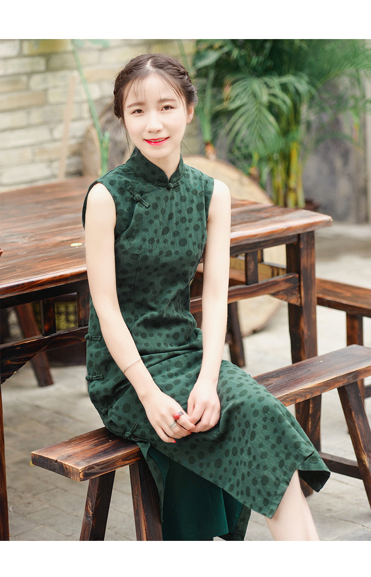 原创文艺改良旗袍无袖盘扣连衣裙夏复古棉麻波点提花显瘦中长裙