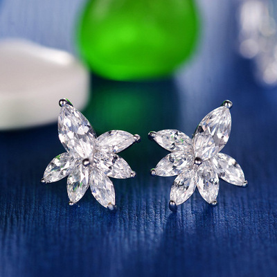 银啦啦s925通体纯银耳钉凤尾花锆石耳钉女简约时尚耳环厂家批发