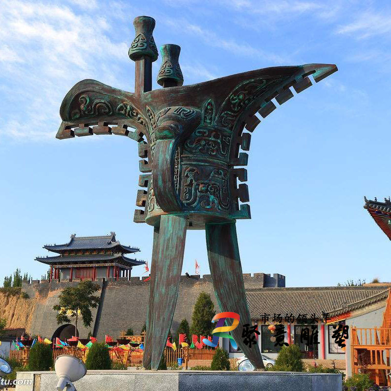 玻璃钢仿铜铸铜酒文化古代喝酒器皿酒樽三角酒杯雕塑广场酒厂摆件
