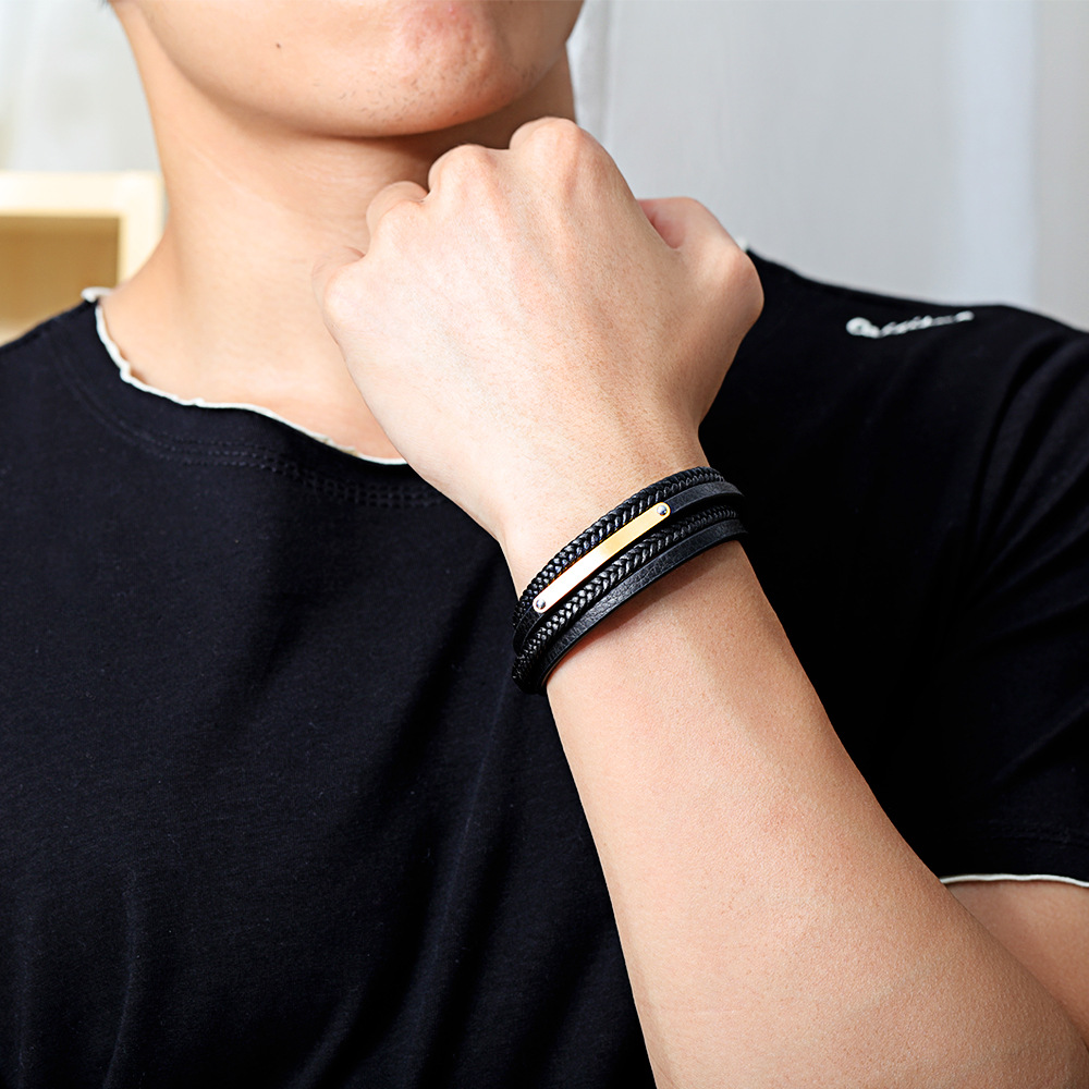 ebay速卖通供货 跨境热销复古多层编织钛钢皮手链 黑色皮绳手饰-阿里