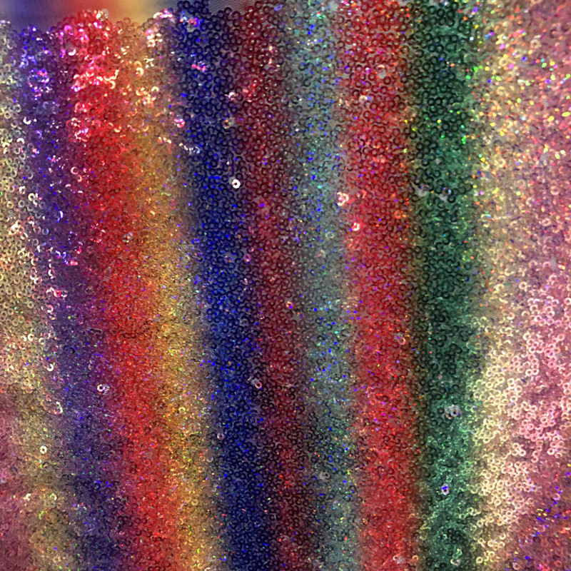 现货3mm七彩亮片绣花布不规则渐变幻彩珠片布彩虹色珠片面料