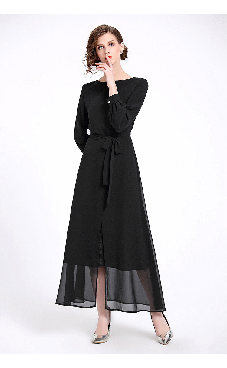 2018春季新款欧洲站大牌外贸女装开叉长裙长袖系带黑色雪纺连衣裙