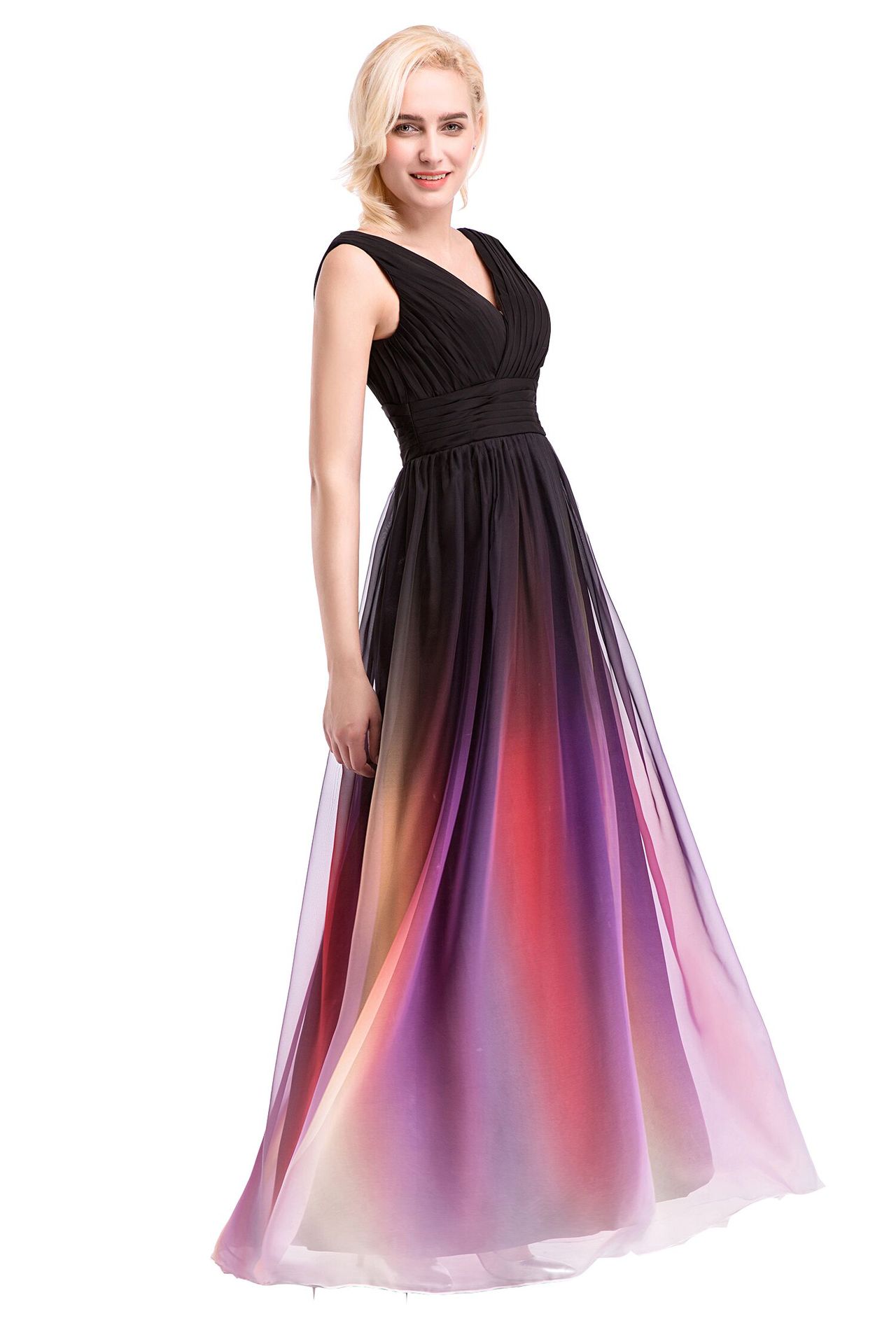 外贸热销款渐变色雪纺晚礼服欧美长款抹胸晚会主持人礼服伴娘服