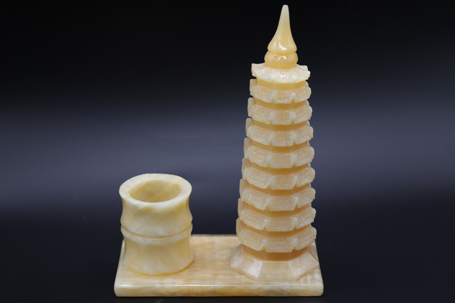 天然米黄玉29厘米笔筒文昌笔塔摆件玉器玉雕工艺品9层升职助学