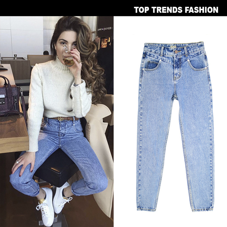 European and American Women's Clothing Autumn and Winter New High Waist Slim Straight Washed Denim Trousers Street Feet Cross-Border Women's Clothing