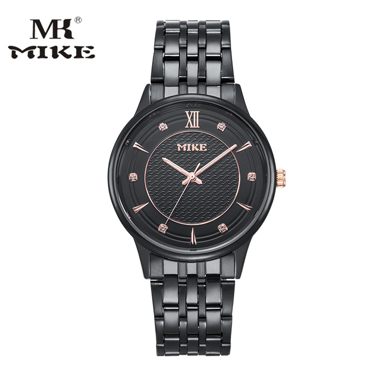 mike米可钢带商务防水手表男士全黑手表时尚简约男女钢带情侣手表