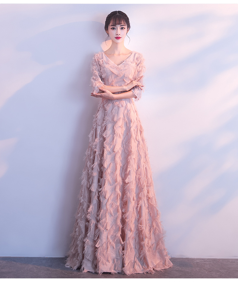 粉色伴娘服2019新款端庄大气长款显瘦主持人晚宴宴会晚礼服长裙女