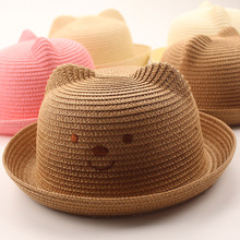 春夏季亲子草帽男女童卷边凉帽草编小熊耳朵沙滩帽宝宝户外遮阳帽