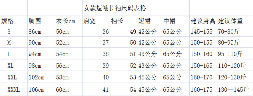 女士标准尺码对照表图片