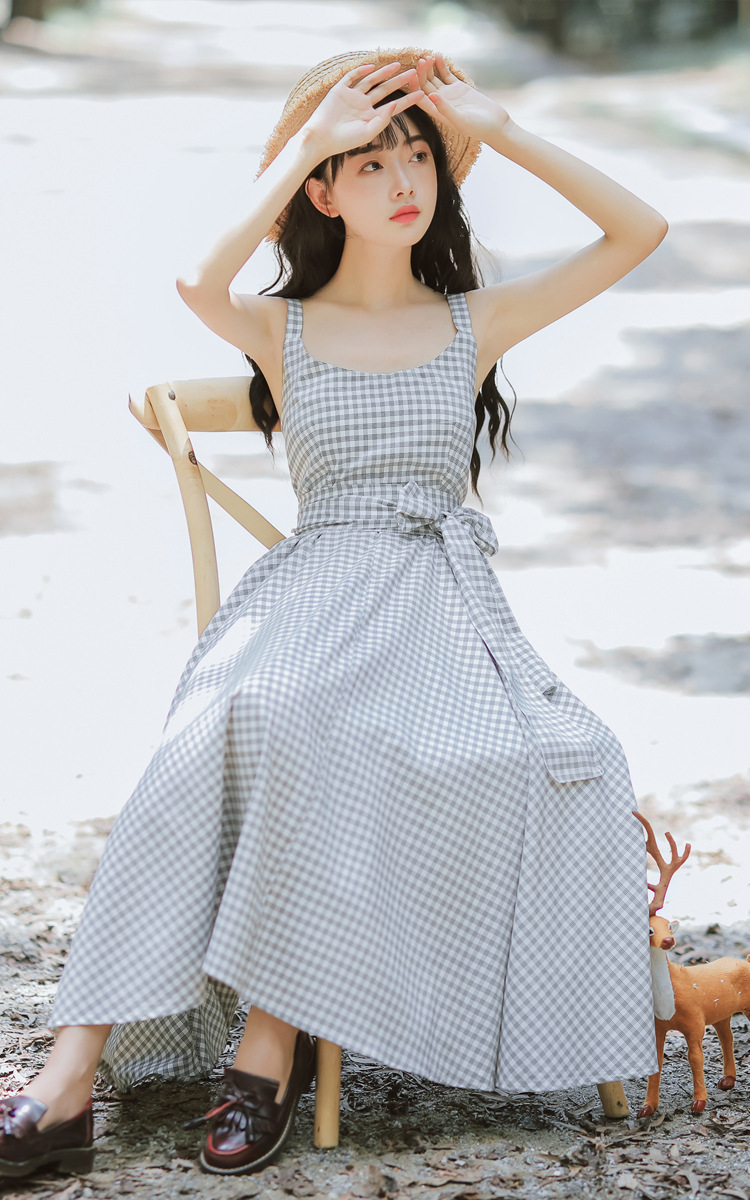 6451#夏季新款甜美小清新吊带连衣裙女中长款露背格子裙女装批发