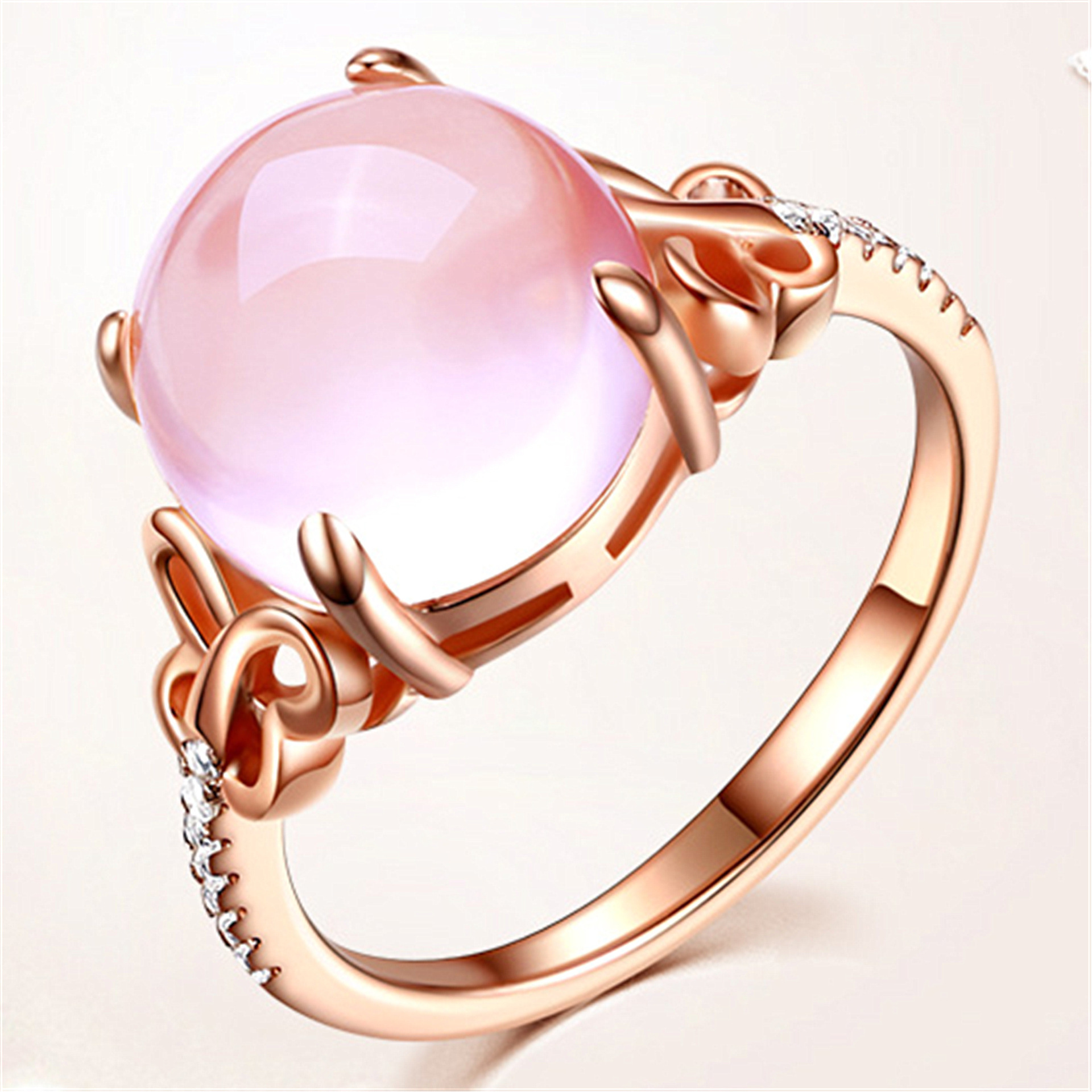 芙蓉石蝴蝶戒指粉水晶镀玫瑰金女士指环日韩版食指尾戒子厂家代发