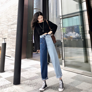 2018秋季新款女装网红抖音小姐姐同款两件套拼色牛仔裤t恤套装潮