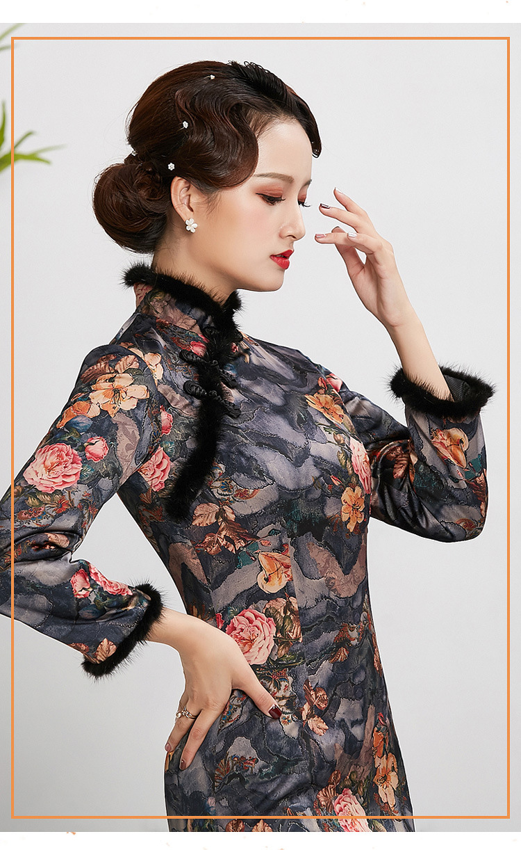 倾城粉黛真丝长款蕾丝花边手工盘扣长袖旗袍裙礼服加棉保暖新款