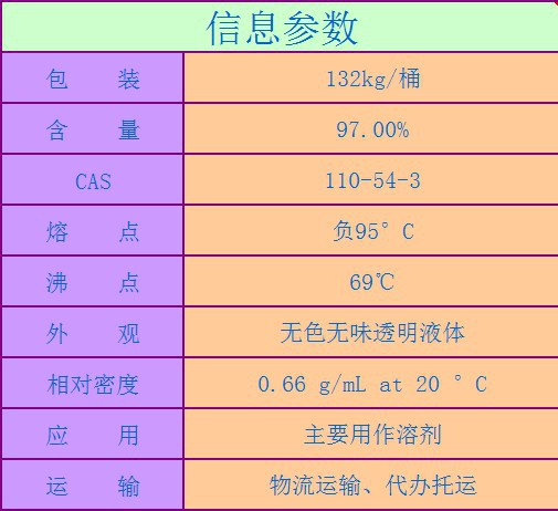 66g/cm3分子式:c6h14包装规格:132kg/桶别名:己烷产地/厂商:国产