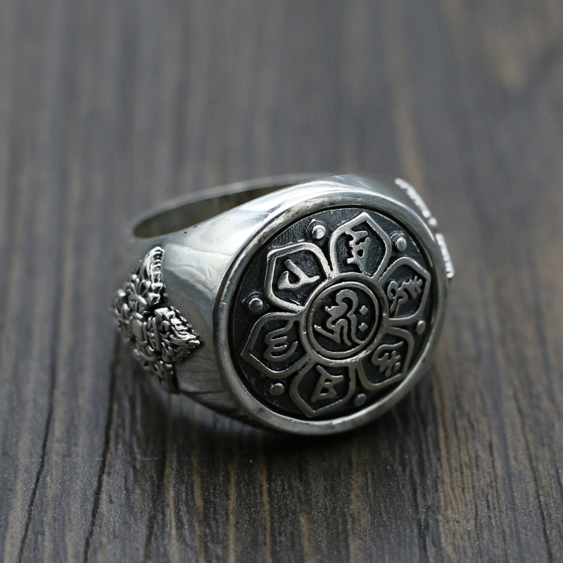 s925纯银复古个性可转动六字真言戒指莲花梵文咒保平安指环男女士