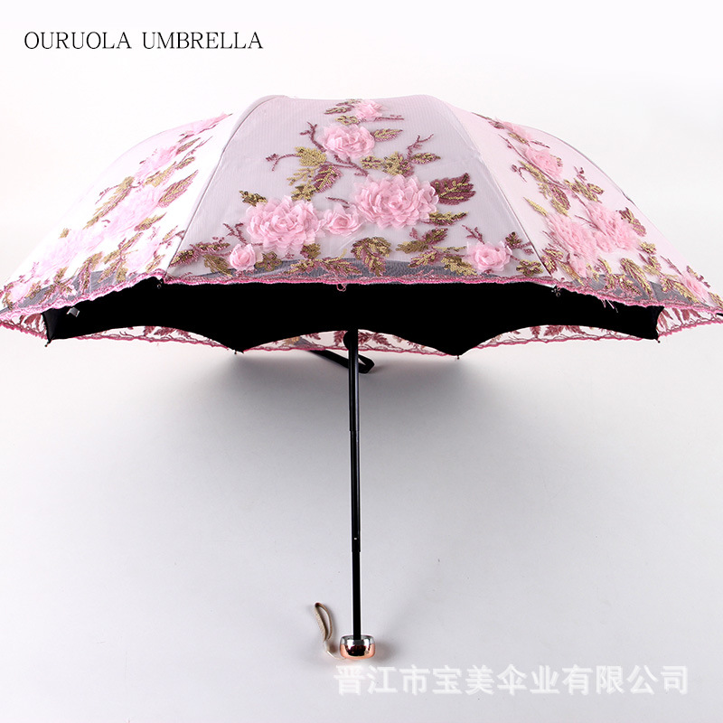 Three-Fold Double-Layer Embroidered Umbrellas Uv-Proof Sunshade 1821 Sun Umbrella Lace Embroidered Umbrellas Rain and Rain Dual-Use