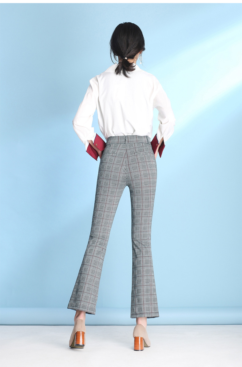 新款格子微喇叭裤女弹力高腰小喇叭修身显瘦大码九分西装裤200斤