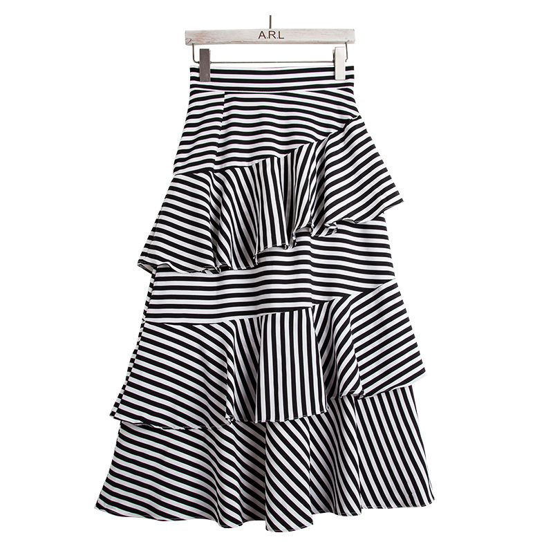 ins条纹蛋糕裙半身裙女 夏装2018新款高腰荷叶边雪纺垂感中长裙