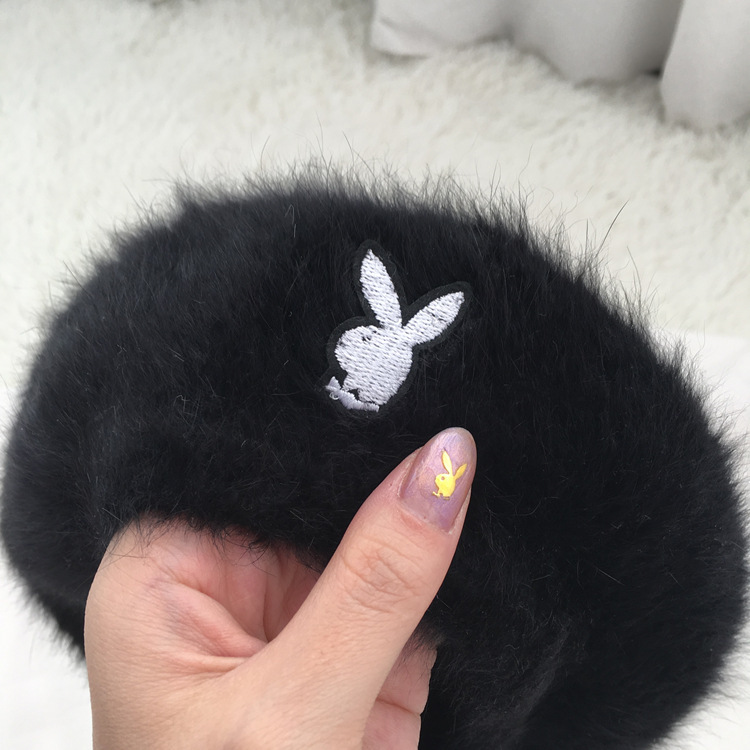 帽子真兔毛兔绒毛土酷暗黑朋克兔头刺绣画家贝雷帽圆顶帽ins同款