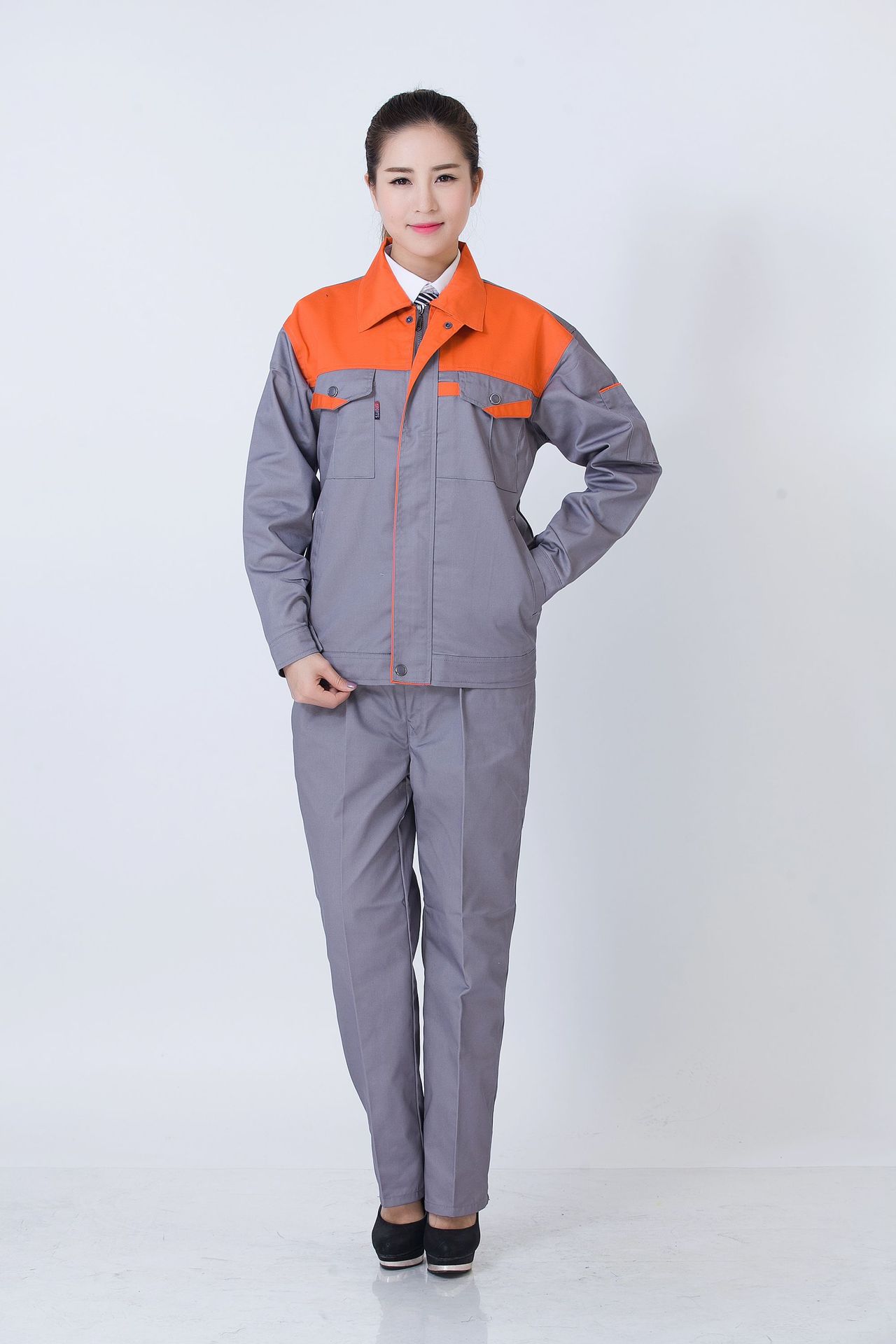 涤棉配色工作服套装春秋长袖工作服套装批发定制工厂车间劳保工作