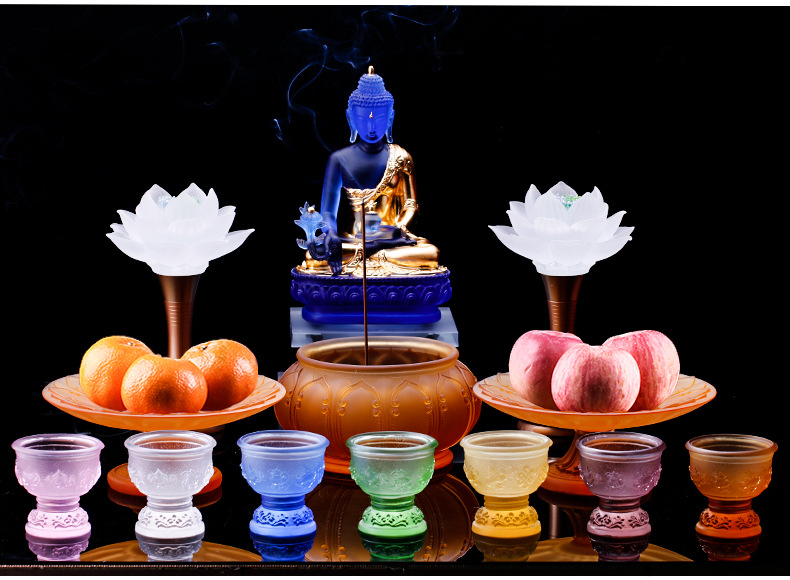 古法琉璃八吉祥供水杯佛堂寺庙法器琉璃净水杯佛前摆件七色可选