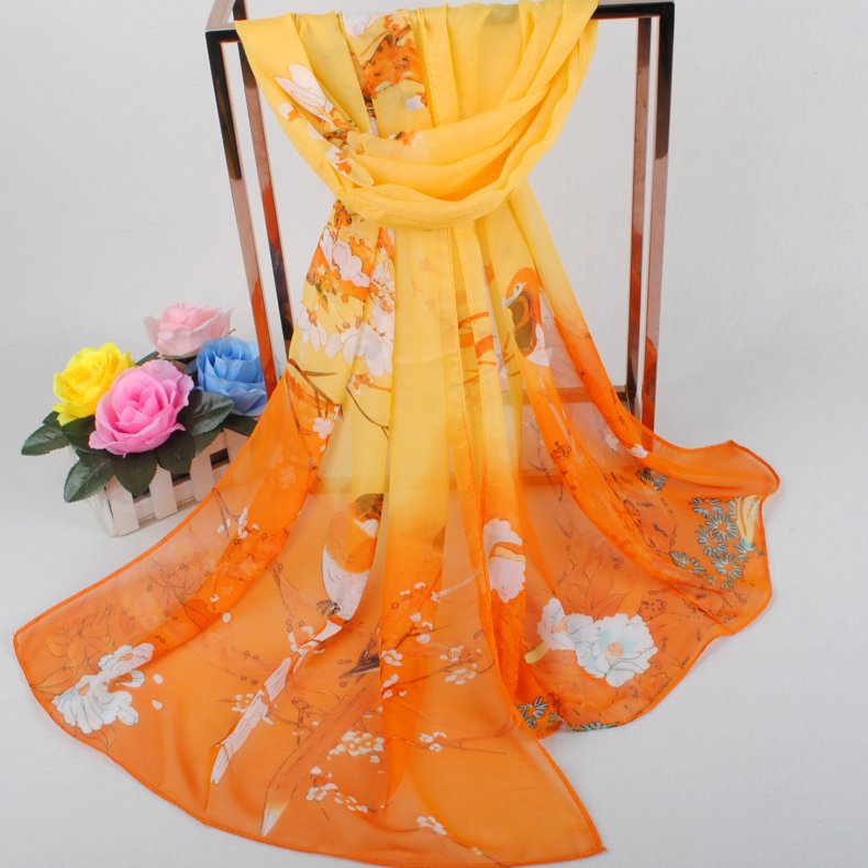 Spring New Auspicious Bird Women's Chiffon Long Scarves Wholesale Small Gauze Kerchief Scarf Small Gift