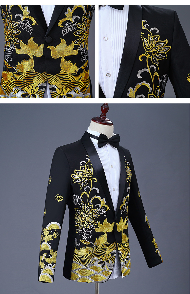 刺绣西装男士礼服司仪新郎结婚秀禾服主持人礼服男歌手演出服装夏
